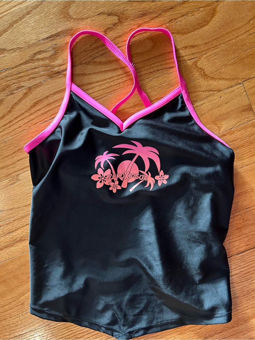 Girls ZeroXposur Swim Tankini Top with Hot Pink Trim Palm Print M 10/12